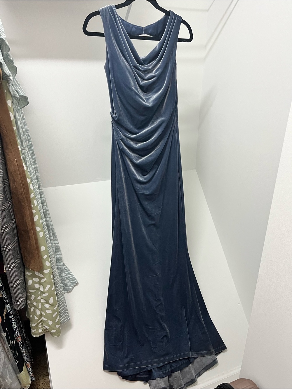 Revelry Dusty Blue Velvet Draped Cowl Evening Gown